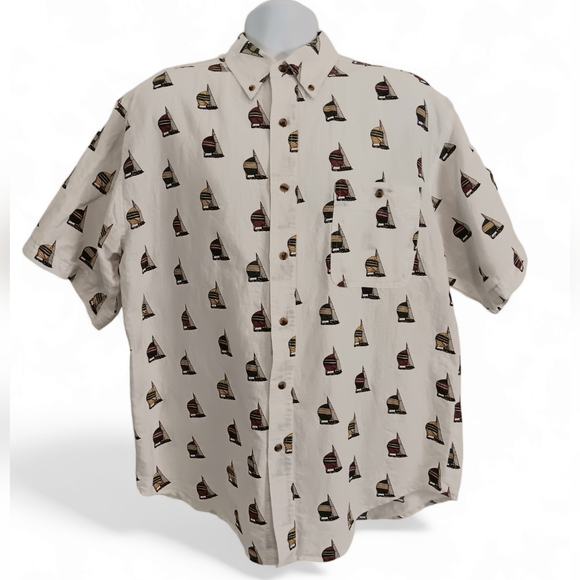 Bugle Boy Co. men's white sailboat print short sleeve button-down shirt size L - Picture 1 of 8